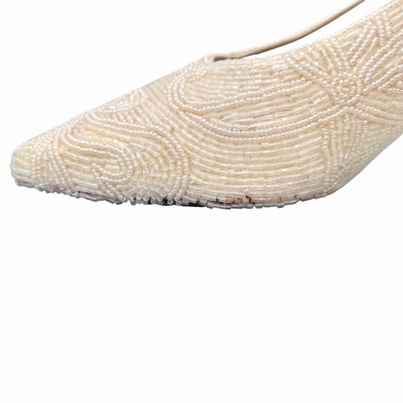 VINTAGE IVORY VALERIE STEVENS BEADED HEELS W/ BOX WEDDING FORMAL 8.5 - Picture 4 of 13